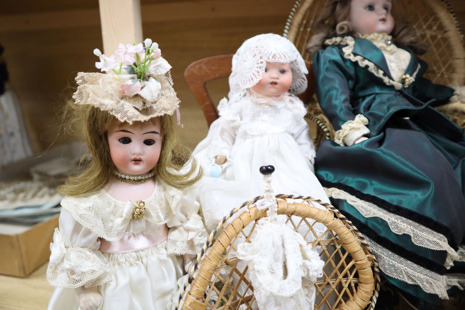 A small collection of bisque head dolls, including a Max Oscar Arnold example